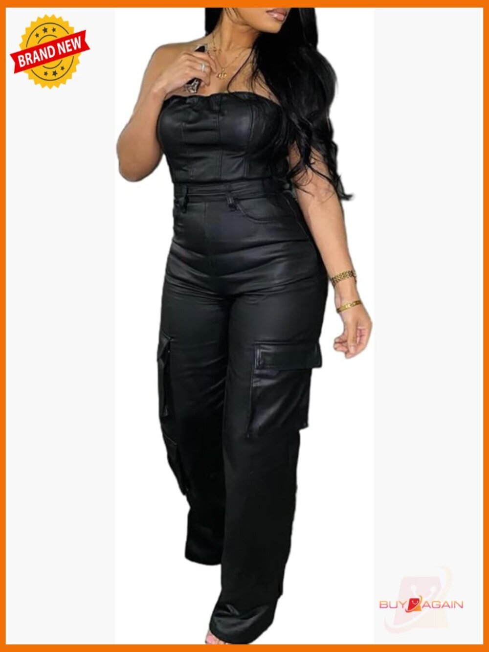 Off Shoulder PU Leather Jumpsuit Sexy Cargo Bodysuit Slim Fit